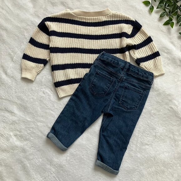 H&M 9M Baby Sweater Jeans Set Striped Navy Cream Denim EUC Boy - Picture 16 of 16